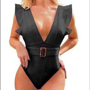 Black One Piece Ruffle Strap Swimsuit